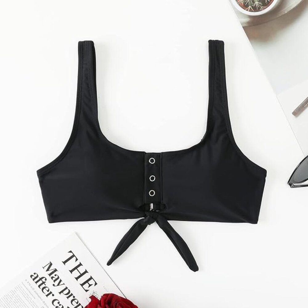 Balasami Women's Retro Scoop Neck Bow Knot Front Tank Crop Top Bikini XL